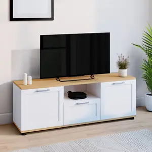 IDMARKET Meuble TV 110 cm VITO avec tiroir et niche blanc et bois pas cher