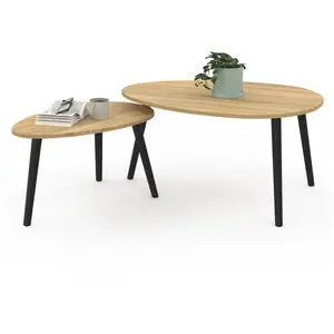 IDMARKET Lot de 2 tables basses gigognes GAIA bois et pieds noirs scandinave pas cher