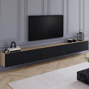 IDMarket Meuble TV 300 cm suspendu ELIO 3 portes bois et noir pas cher