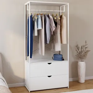 IDMARKET Dressing penderie 2 tiroirs L. 80 cm BROOKLYN bois blanc et métal blanc pas cher