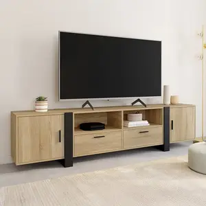 IDMARKET Meuble TV 200 cm PHOENIX 2 portes 2 tiroirs bois et noir pas cher