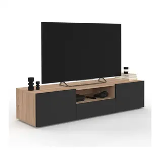 IDMARKET Meuble TV 140 cm ELI bois façon hêtre portes noires pas cher