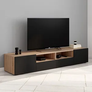 IDMARKET Meuble TV 180 cm ELI bois façon hêtre portes noires pas cher