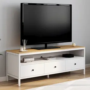 IDMarket Meuble Tv 140 Cm Achille 3 Tiroirs Blanc Et Plateau Bois pas cher
