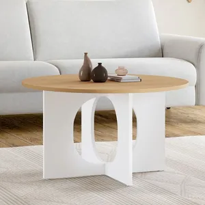 IDMarket Table Basse Ronde Aloise Pied Arc Bois Et Blanc 70 Cm pas cher