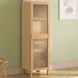 IDMarket Armoire de rangement EDHEN 1 porte 3 étagères bois et cannage pas cher