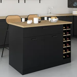 IDMARKET Ilot central GEORGE avec range-bouteilles placard et tiroir bois noir avec plan de travail façon hêtre pas cher