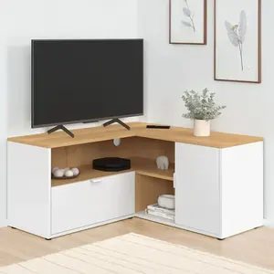 IDMarket Meuble Tv 90 X 90 Cm D'angle Baltazar Façon Hêtre Et Blanc pas cher