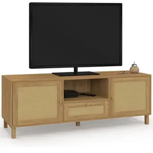 IDMARKET Meuble TV 140 cm vintage HANAE 3 portes effet naturel cannage pas cher
