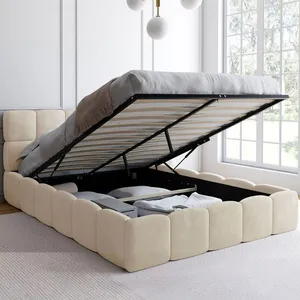IDMARKET Lit coffre double NUAGE avec tête de lit matelassée et sommier 140 x 190 cm velours beige pas cher