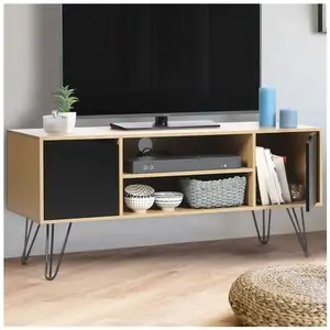 Idmarket - Meuble tv 113 cm vintage noemi pied épingle bois portes noires pas cher