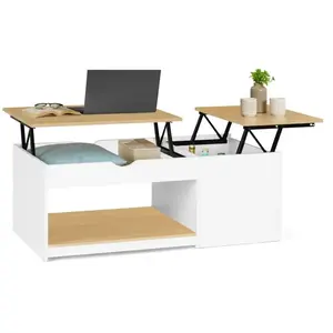 IDMARKET Table basse 2 plateaux relevables EYLA avec coffre bois blanc... pas cher
