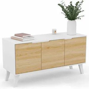 IDMARKET Buffet bas scandinave FINN blanc 3 portes façon hêtre 113 cm pas cher