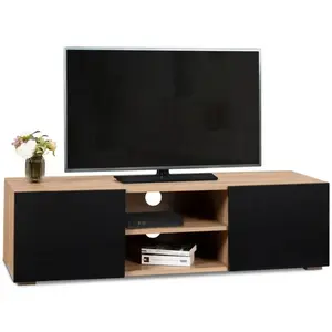 IDMARKET Meuble TV ELI bois façon hêtre portes noires 113 cm pas cher