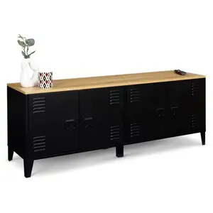 IDMARKET Buffet bas ESTER 4 portes métal noir et plateau bois 140 cm design industriel
