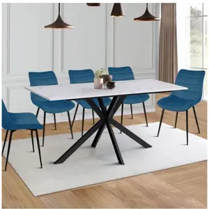 Comparateur de prix : IDMARKET Table à manger rectangle ALASKA 8 personnes effet marbre blanc et pied araignée métal 160 cm