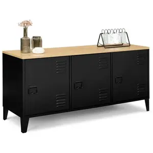 IDMARKET Buffet bas ESTER 3 portes métal noir plateau bois design industriel 113 cm pas cher