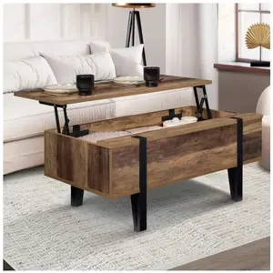 Table basse - IDMARKET - AUSTRIA - Plateau relevable - Bois effet vieilli - Pieds épingle en métal noir pas cher