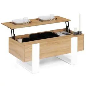 IDMARKET Table basse plateau relevable PHOENIX bois et blanc pas cher
