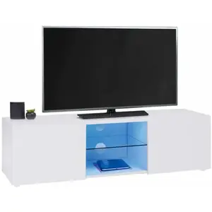 IDMARKET Meuble TV ELI blanc étagère en verre avec LED 113 cm pas cher