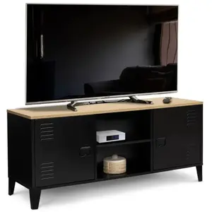IDMARKET Meuble TV ESTER 2 portes métal noir et plateau bois design in... pas cher