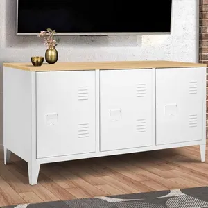 IDMARKET Buffet bas 113 cm ESTER 3 portes métal blanc plateau bois des... pas cher