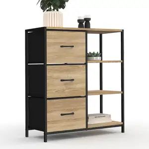 IDMarket Petit Buffet D'appoint Industriel 3 Tiroirs Et Étagères pas cher