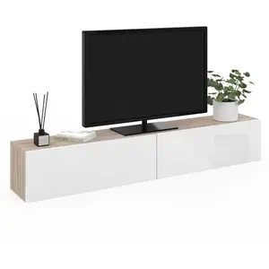 IDMARKET Meuble TV 180 cm suspendu ELIO 2 portes bois et blanc pas cher