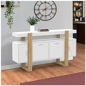 IDMARKET Buffet 140 cm PHOENIX 4 portes blanc et bois pas cher