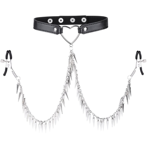Collier avec Pince-Tétons Spike Heart Noir   pas cher