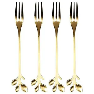 Home Deco Factory Gebaksvorkjes Leaf - 4x stuks - goud - RVS - 13 cm -...
