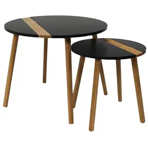 PARIS PRIX THE HOME DECO FACTORY Lot de 2 Tables Basses Gigognes Rondes Bicolore Relief Noir, Bois d'ingénierie, Small 40 x 40 cm-Tall 60 x 40 cm pas cher