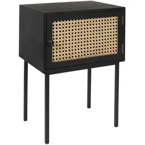 Chevet en bois - Noir Et Naturel - 1 porte cannage - Pin Frêne Fer Rotin - 55x40x32 cm pas cher