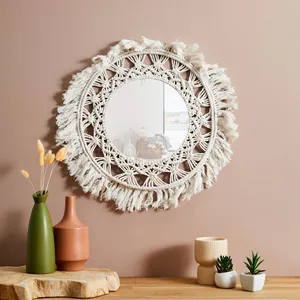 Miroir Déco Macramé Boho 55cm Beige pas cher