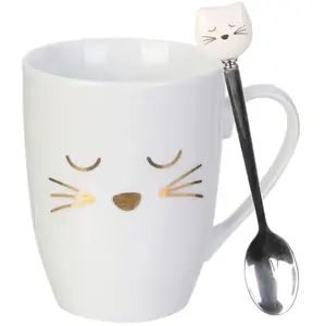Lily Cook Home Deco Factory KA4189 Mug avec cuillère Chat Blanc doré et gris chrome Céramique et acier inoxydable D11,5 x H10 cm pas cher