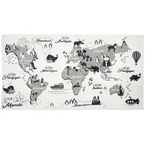 Home Deco Kids TX9066 Tapis Rectangulaire Enfant Carte du Monde Mappemonde Blanc Gris et Noir Coton H0,8 x 70 x 140 cmVendu parfnac-be