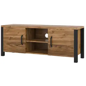 Meublorama PRICE FACTORY Meuble TV 150cm collection DARWIN. Couleur épicéa et noir. 2 portes et 2 niches 43 Marron pas cher