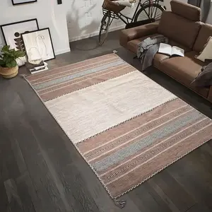 Jadorel - Tapis kilim fait main en coton 80x150 beige et marron rectangle motif ethnique pas cher