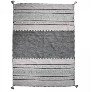 JADOREL Tapis kilim fait main en coton 80x150 gris et noir rectangle motif ethnique tive pas cher