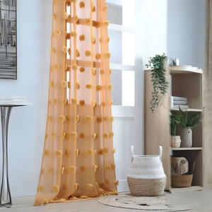 Voilage Pompons Brodés Polyester Jaune Moutarde 140x260 Cm pas cher