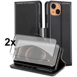 Coque pour iPhone 14 Plus - MASSILIA TECH - Souple - Noir - Portefeuille - 2 Vitres en Verre TrempéVendu parcdiscount