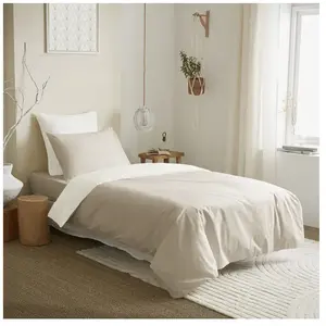 UNIVERS DECOR Pack complet 4 pièces Lin/Blanc réversible housse de couette pour lit 90 x 190 cm pas cher