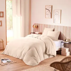 UNIVERS DECOR Parure de couette - Gaze de Coton - Naturel - 140x200 pour lit 1 place pas cher