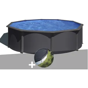 GRE Kit piscine acier gris anthracite Gré Louko ronde 3,70 x 1,22 m + Bâche d'hivernage 370,00 x 122,00 Anthracite