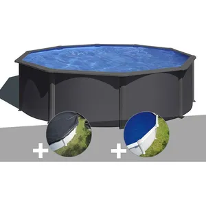 GRE Kit piscine acier gris anthracite Gré Louko ronde 3,70 x 1,22 m + Bâche d'hivernage + Bâche à bulles 370,00 x 122,00 Anthracite