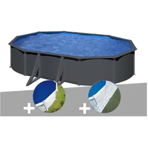 GRE Kit piscine acier gris anthracite Gré Louko ovale 6,34 x 3,99 x 1,22 m + Bâche à bulles + Tapis de solVendu parcdiscount