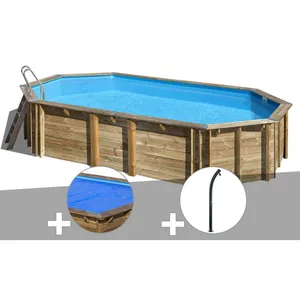 Gre Kit piscine bois Gré Orange 7,55 x 4,56 x 1,46 m + Bâche à bulles + Douche pas cher