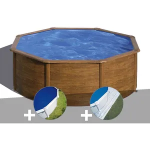 Comparateur de prix : Gre Kit piscine acier aspect bois Gré Pacific ronde 3,70 x 1,22 m + Bâche à bulles + Tapis de sol