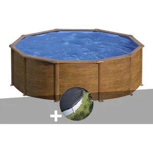 Gre Kit piscine acier aspect bois Gré Pacific ronde 4,80 x 1,22 m + Bâche d'hivernage