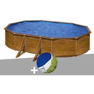 GRE Kit piscine acier aspect bois Gré Pacific ovale 6,34 x 3,99 x 1,22 m + Bâche à bulles 634,00 x 399,00 x 122,00 Bois